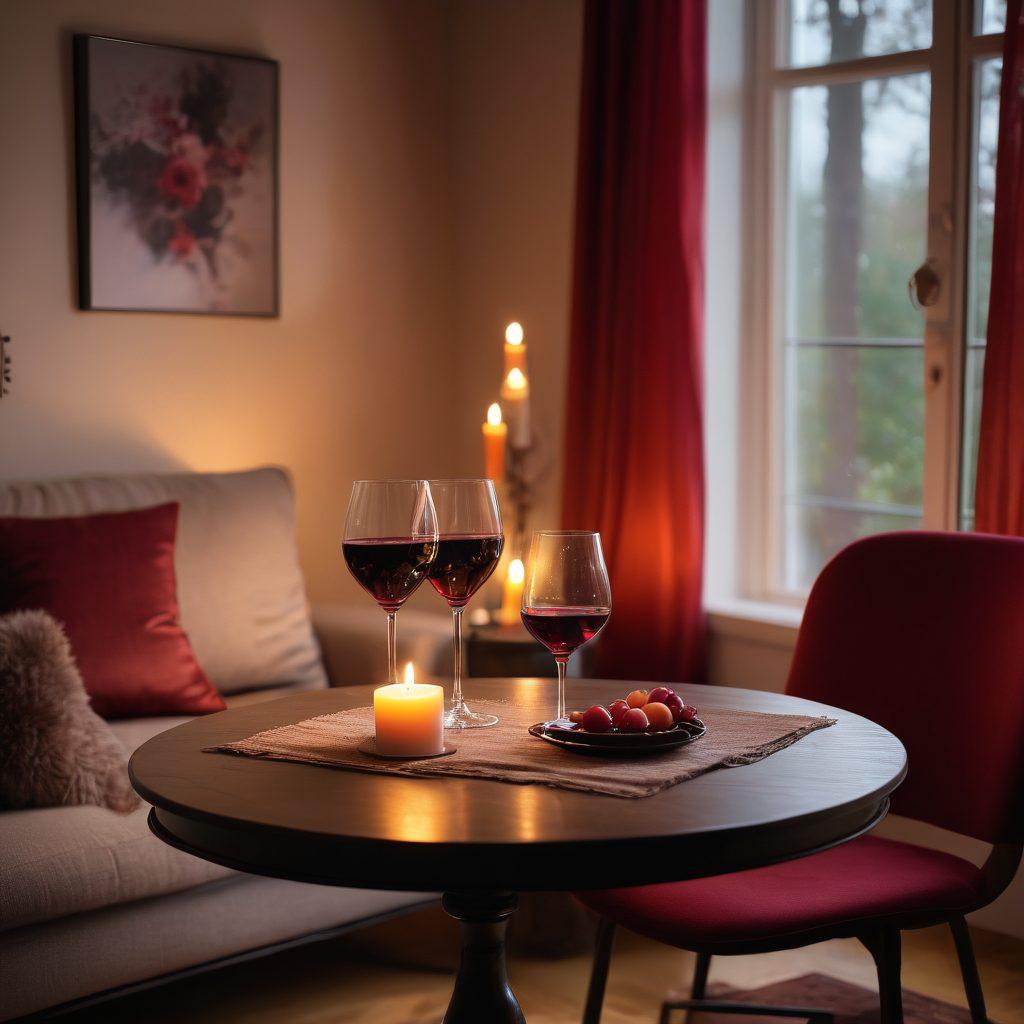 A cozy, dimly-lit room adorned with soft, romantic decor, featuring two glasses of red wine and a flickering candle on a small table. In the background, a couple is seen sharing a tender moment, smiling and leaning in close, emphasizing connection and intimacy. Incorporate warm, inviting colors for a romantic atmosphere. super-realistic. soft lighting. vibrant colors.