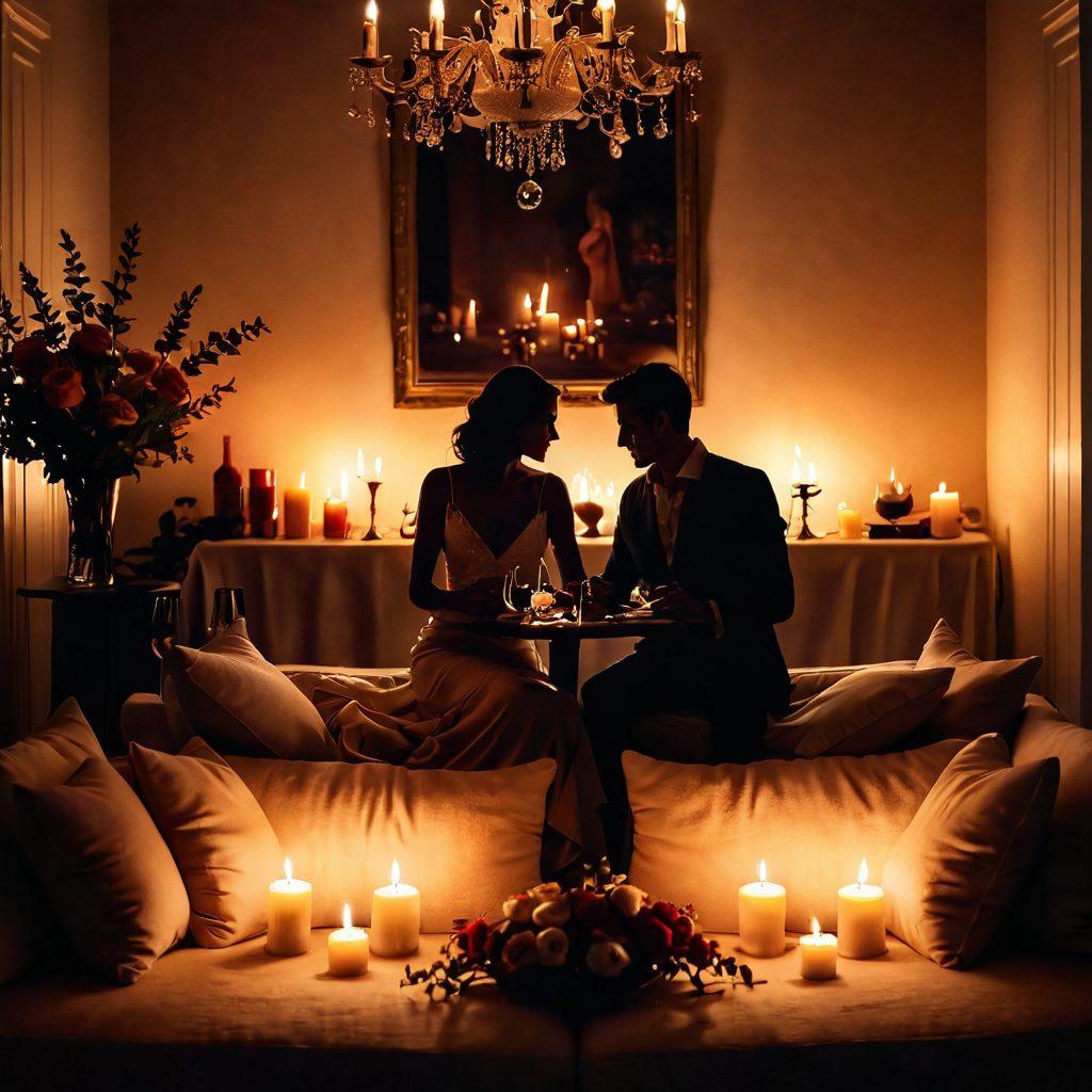 A luxurious candlelit room adorned with plush cushions and soft fabrics, featuring a romantic dinner setting with flowers and wine, intertwining shadow and light to create an inviting atmosphere. In the background, a silhouette of a couple enjoying a passionate moment, while subtle flames from decorative candles dance around them. super-realistic. warm colors. soft focus.
